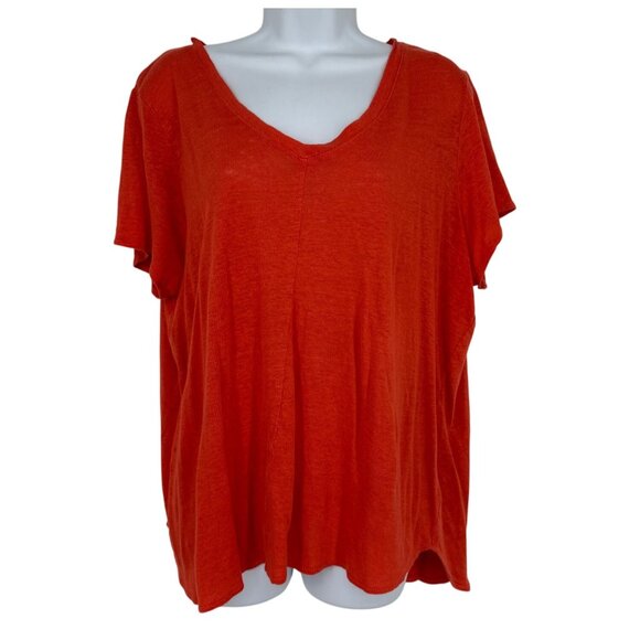 Tahari Womens Orange V-Neck Short Sleeve Linen Top Size 1X - Picture 1 of 10